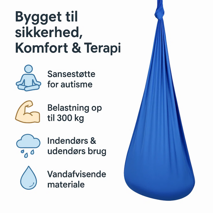 Barn svinger i sensorisk terapisving. Fremmer balance, sanseintegration og giver stresslindring, et autismeværktøj.