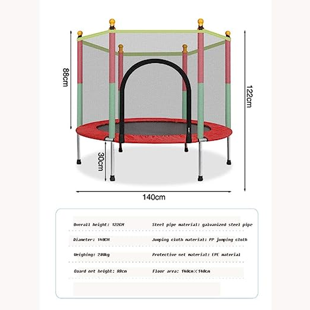 Sikker børnetrampolin med robust ramme, kantbeskyttelse og net; ideel til udendørs brug, velegnet op til 100 kg, nem at samle.