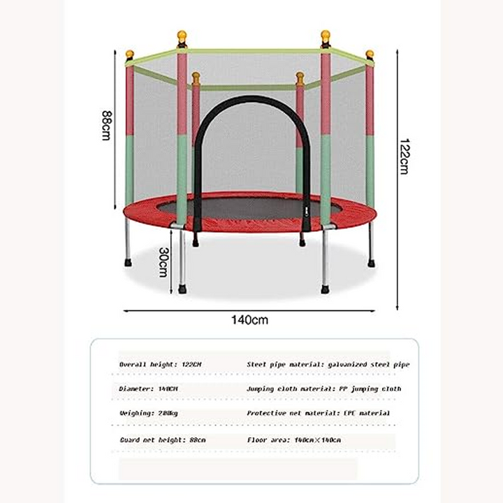 Sikker børnetrampolin med robust ramme, kantbeskyttelse og net; ideel til udendørs brug, velegnet op til 100 kg, nem at samle.