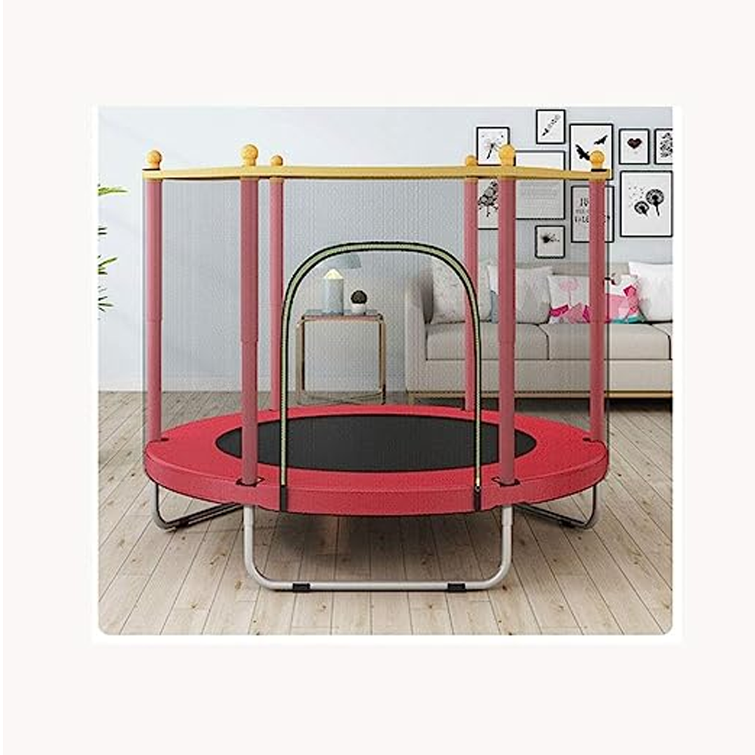 Sikker børnetrampolin med robust ramme, kantbeskyttelse og net; ideel til udendørs brug, velegnet op til 100 kg, nem at samle.