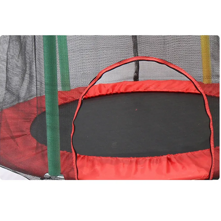 Sikker børnetrampolin med robust ramme, kantbeskyttelse og net; ideel til udendørs brug, velegnet op til 100 kg, nem at samle.