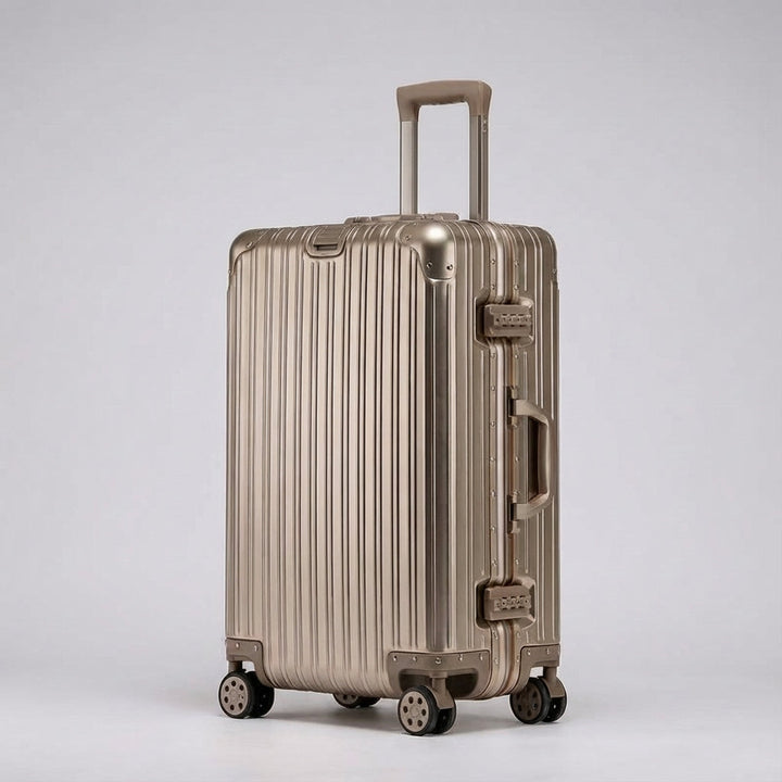 Sikker Travelon hårdskalskuffert med indbygget TSA lås. En robust rejsekuffert i aluminium-magnesium for tryg rejse.