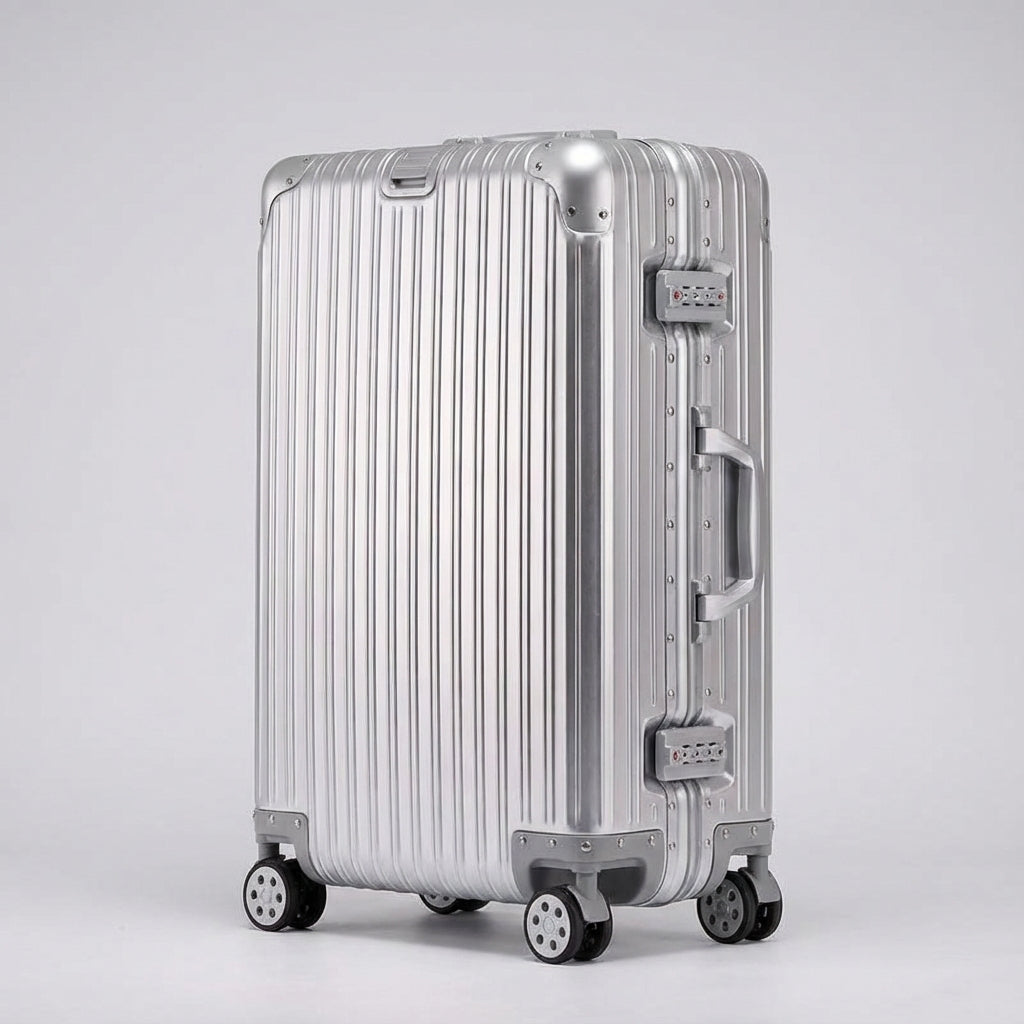 Førsteklasses Travelon hårdskalskuffert i aluminium-magnesium. Holdbar rejsekuffert med TSA lås og lette drejehjul.