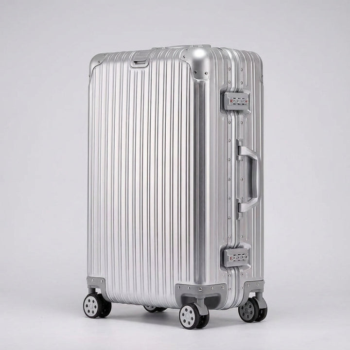 Førsteklasses Travelon hårdskalskuffert i aluminium-magnesium. Holdbar rejsekuffert med TSA lås og lette drejehjul.