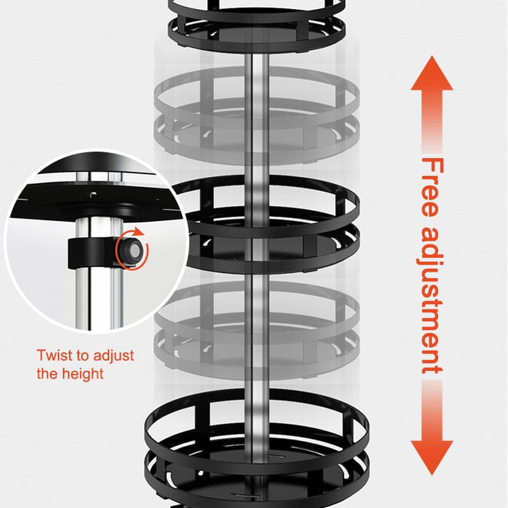 Detalje af smart roterende opbevaringshylde, der viser det solide metaldesign og drejefunktion.