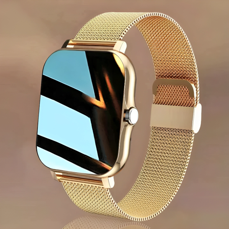 Smartwatch i guld, rosa, sort og sølv med sundheds-tracking, stilfuldt design og udskifteligt armbånd.