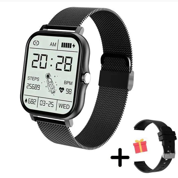 Smartwatch i guld, rosa, sort og sølv med sundheds-tracking, stilfuldt design og udskifteligt armbånd.