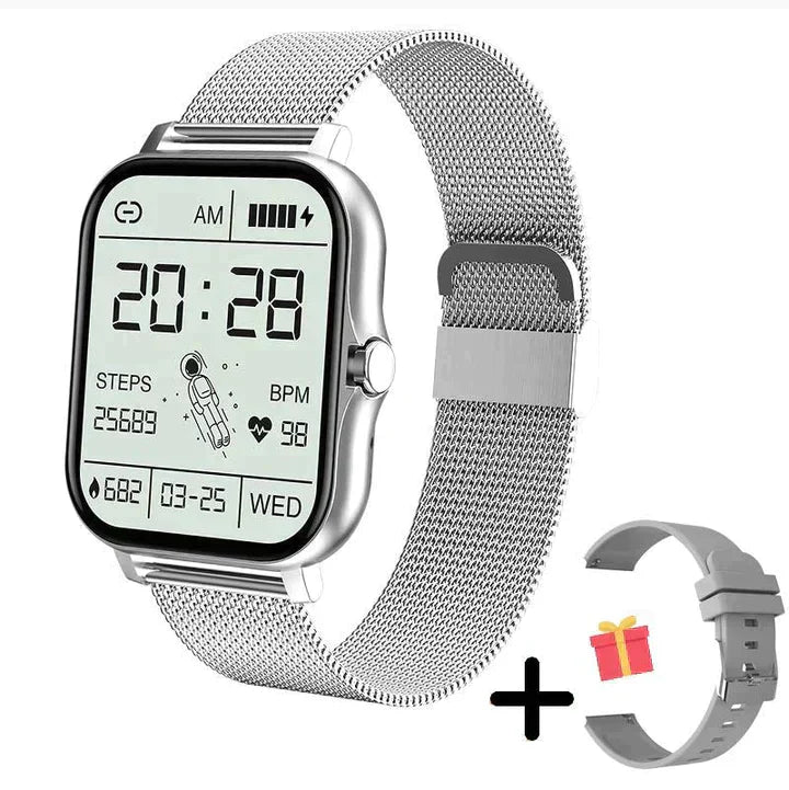 Smartwatch i guld, rosa, sort og sølv med sundheds-tracking, stilfuldt design og udskifteligt armbånd.