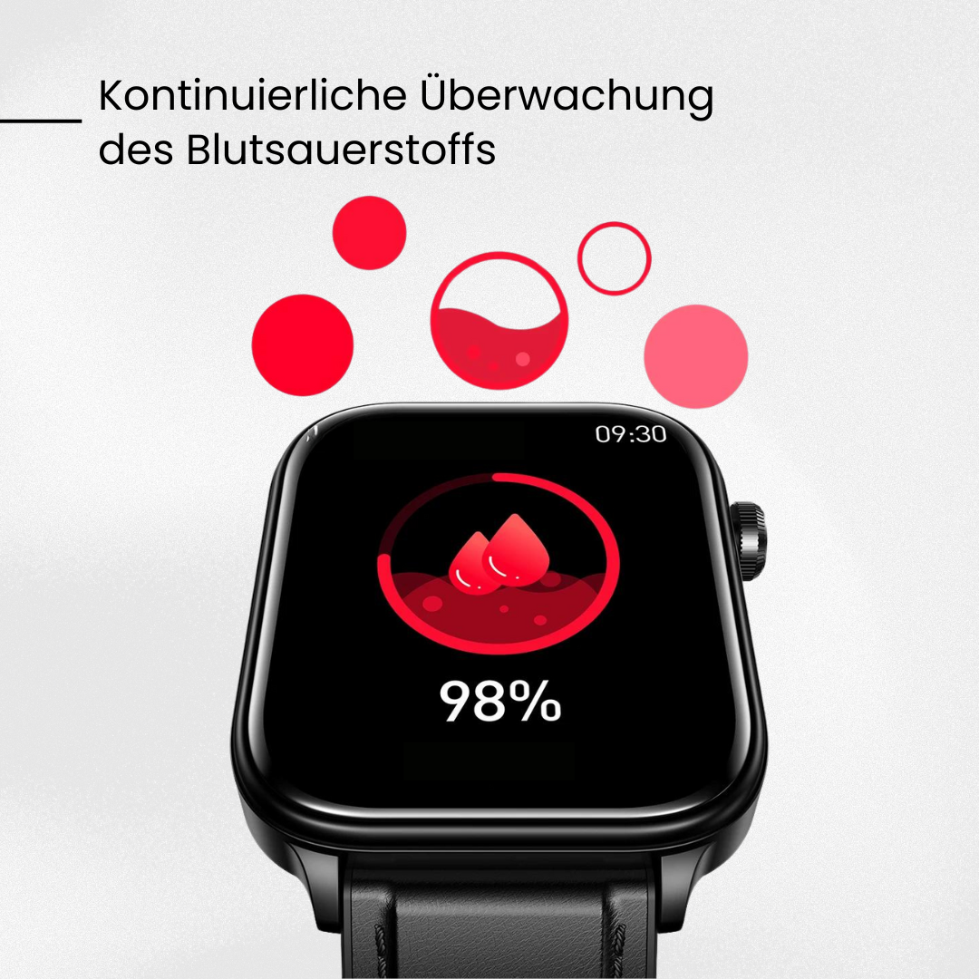 Smartwatch med slankt design, SOS-nødopkaldsfunktion, blodsukker- og pulsovervågning på moderne fuld touchskærm.
