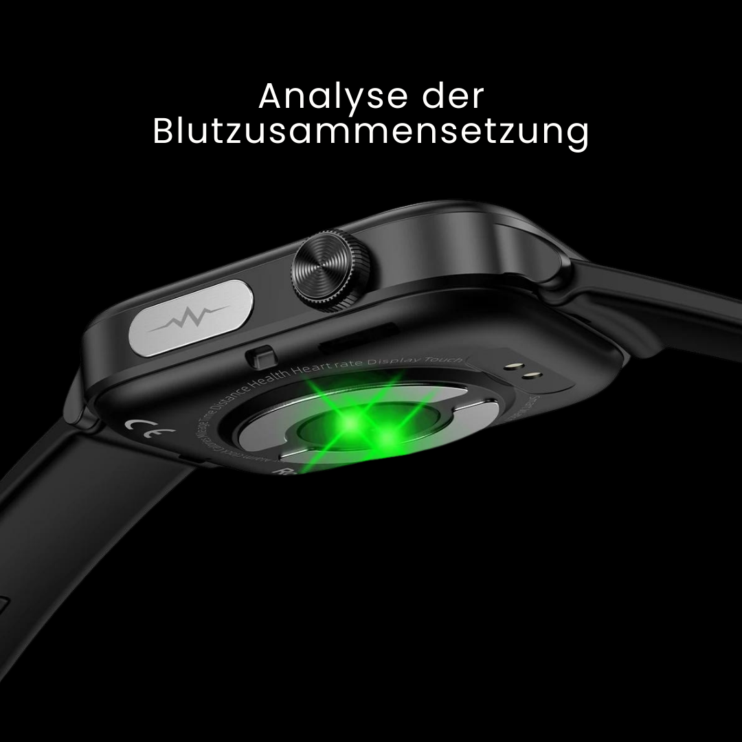 Smartwatch med slankt design, SOS-nødopkaldsfunktion, blodsukker- og pulsovervågning på moderne fuld touchskærm.