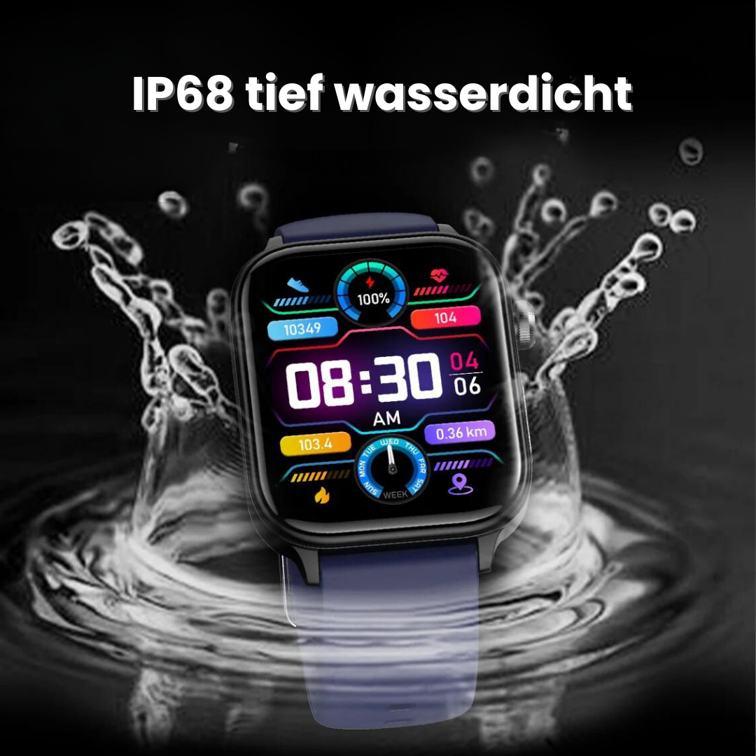 Smartwatch med slankt design, SOS-nødopkaldsfunktion, blodsukker- og pulsovervågning på moderne fuld touchskærm.