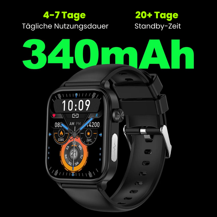 Smartwatch med slankt design, SOS-nødopkaldsfunktion, blodsukker- og pulsovervågning på moderne fuld touchskærm.