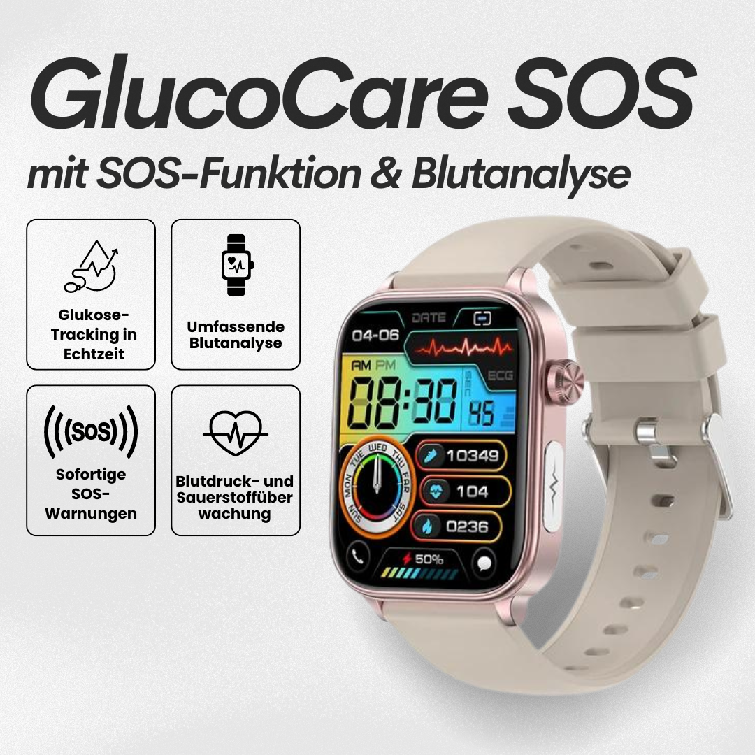 Smartwatch med slankt design, SOS-nødopkaldsfunktion, blodsukker- og pulsovervågning på moderne fuld touchskærm.
