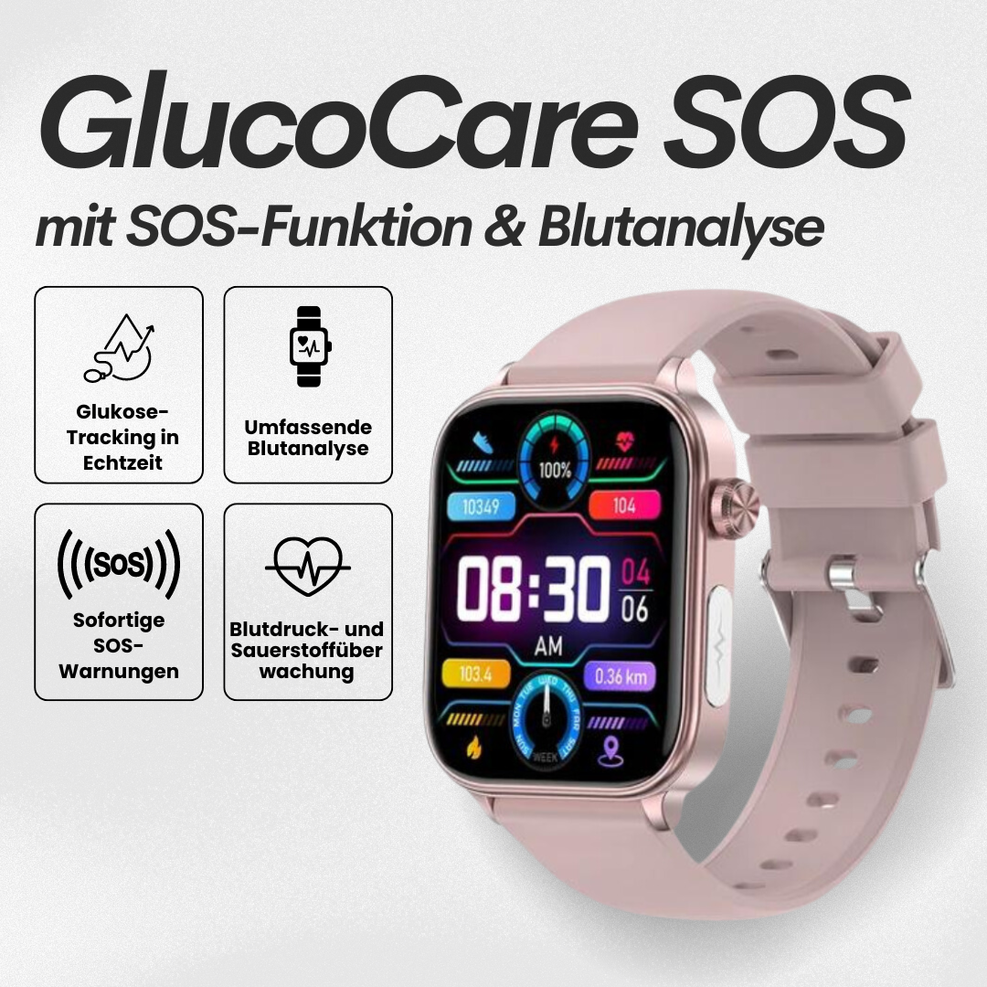 Smartwatch med slankt design, SOS-nødopkaldsfunktion, blodsukker- og pulsovervågning på moderne fuld touchskærm.