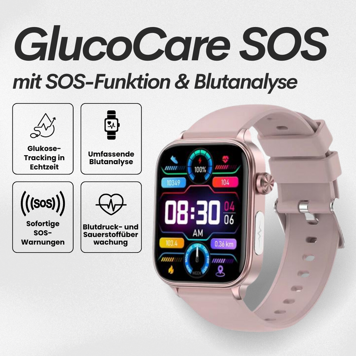 Smartwatch med slankt design, SOS-nødopkaldsfunktion, blodsukker- og pulsovervågning på moderne fuld touchskærm.