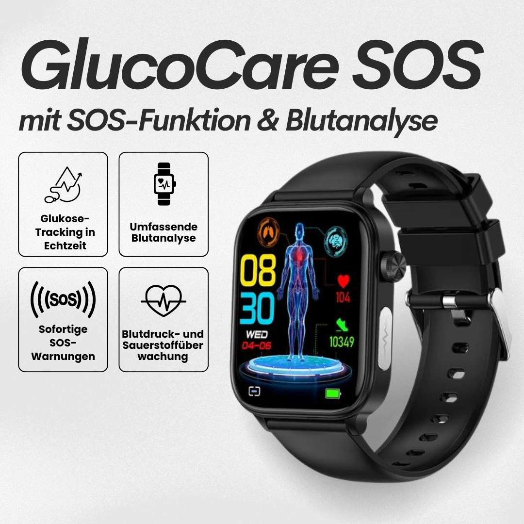 Smartwatch med slankt design, SOS-nødopkaldsfunktion, blodsukker- og pulsovervågning på moderne fuld touchskærm.