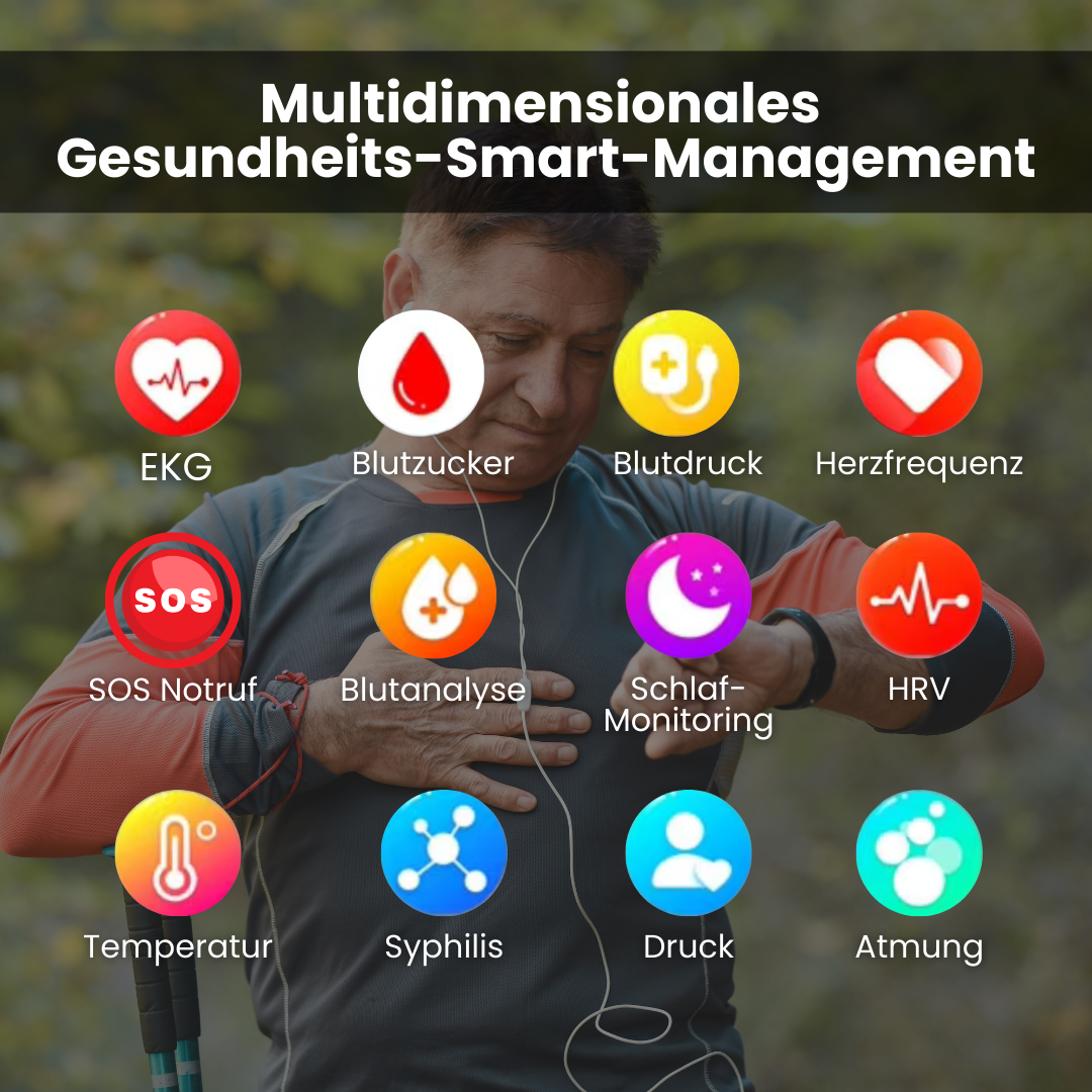 Smartwatch med slankt design, SOS-nødopkaldsfunktion, blodsukker- og pulsovervågning på moderne fuld touchskærm.