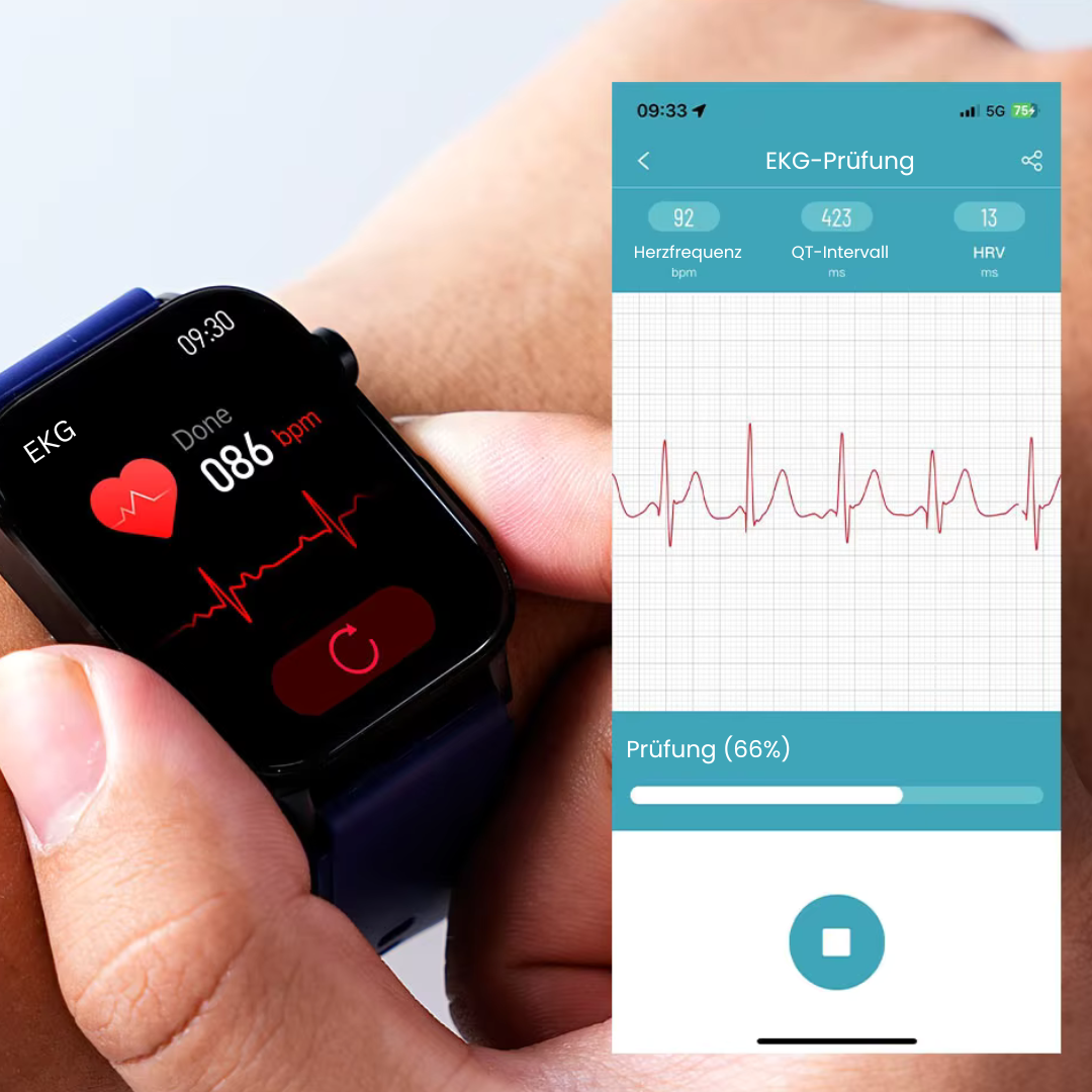 Smartwatch med slankt design, SOS-nødopkaldsfunktion, blodsukker- og pulsovervågning på moderne fuld touchskærm.
