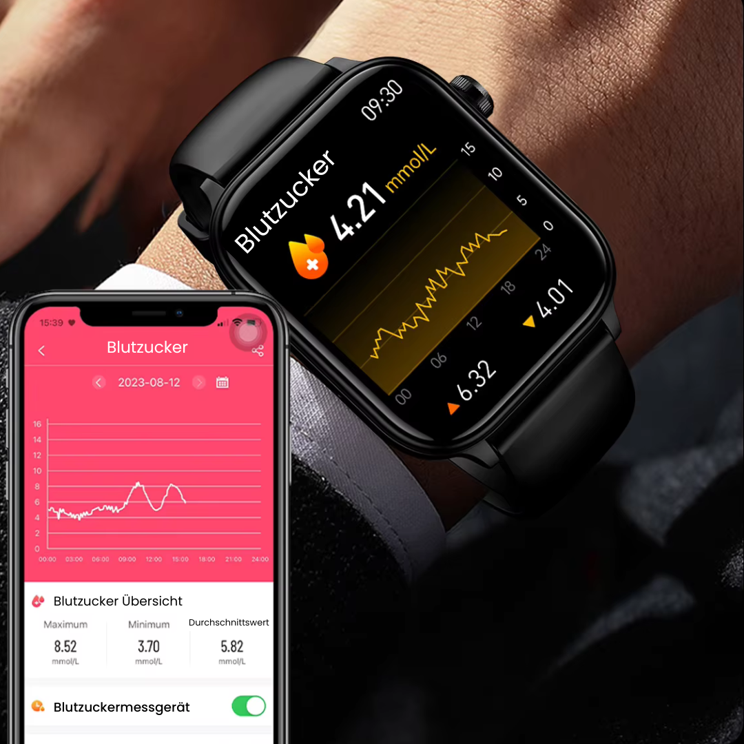 Smartwatch med slankt design, SOS-nødopkaldsfunktion, blodsukker- og pulsovervågning på moderne fuld touchskærm.
