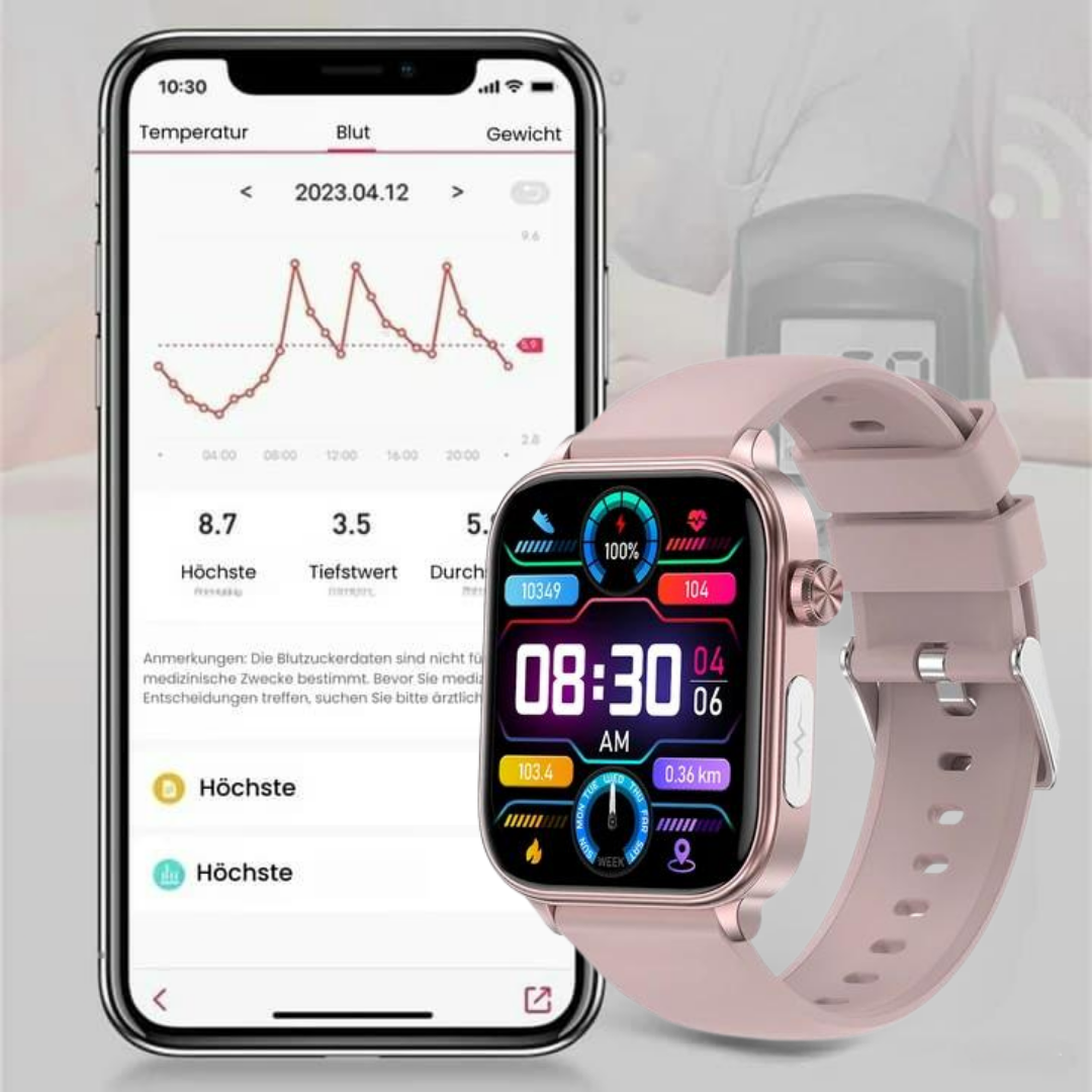 Smartwatch med slankt design, SOS-nødopkaldsfunktion, blodsukker- og pulsovervågning på moderne fuld touchskærm.