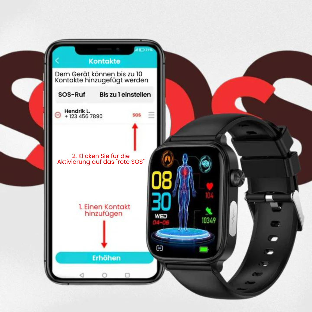 Smartwatch med slankt design, SOS-nødopkaldsfunktion, blodsukker- og pulsovervågning på moderne fuld touchskærm.