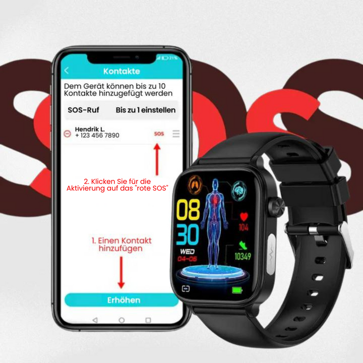 Smartwatch med slankt design, SOS-nødopkaldsfunktion, blodsukker- og pulsovervågning på moderne fuld touchskærm.