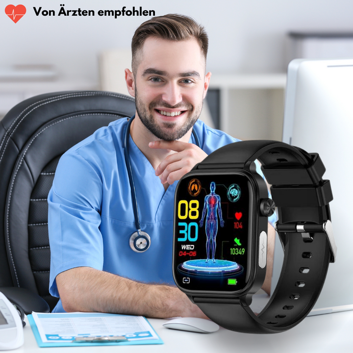Smartwatch med slankt design, SOS-nødopkaldsfunktion, blodsukker- og pulsovervågning på moderne fuld touchskærm.