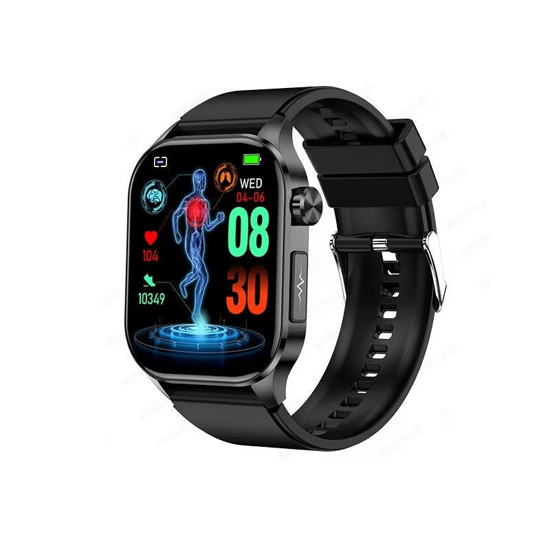 Smartwatch til senior: tydelig urskive med blodtryk og glukosevisning for nem helbredsovervågning.
