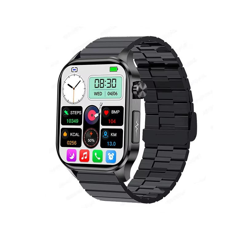 Ny pakke med senior smartwatch. Indeholder ur, oplader, manual til nem sundhedsstyring for ældre.
