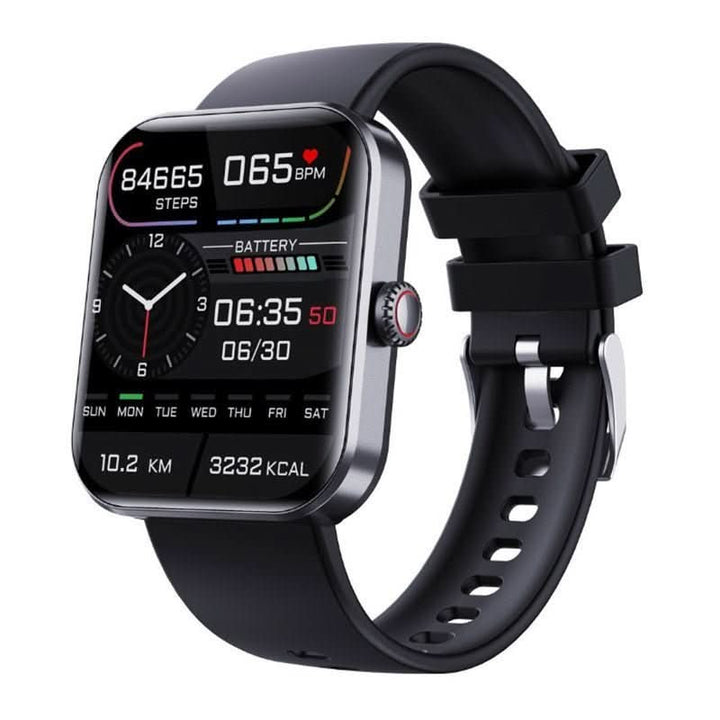 Smertefri blodsukkermåler smartwatch på håndled, overvåger sundhed uden nåle, med pulsmåler.