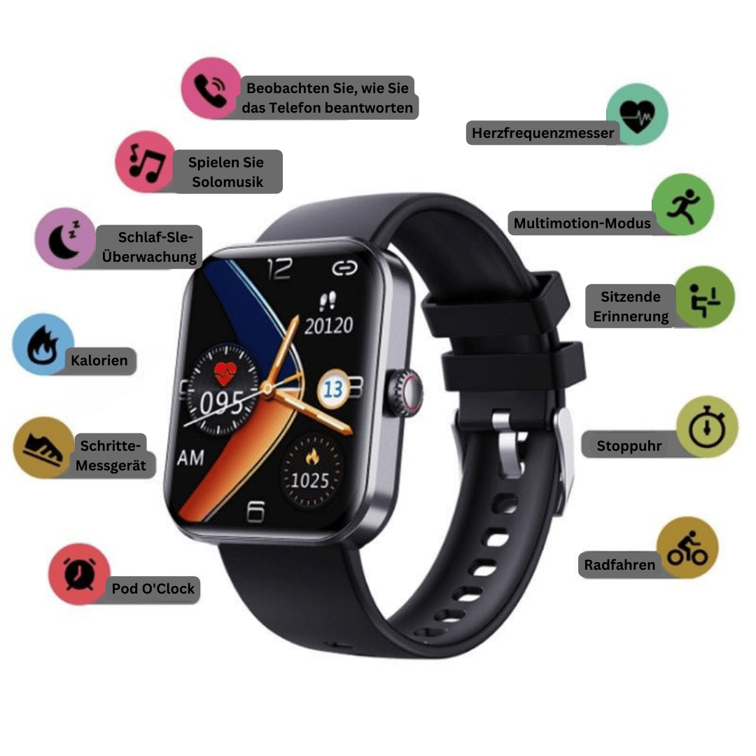 Elegant smertefri blodsukkermåler smartwatch i moderne design, til daglig brug og nem sundhedsovervågning.