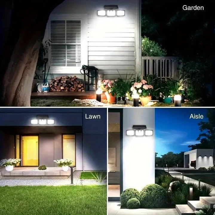 Solar LED-projektør med 3 lys, vejrbestandig, med bevægelsessensor, ideel til have, gårdsplads og garage, energibesparende
