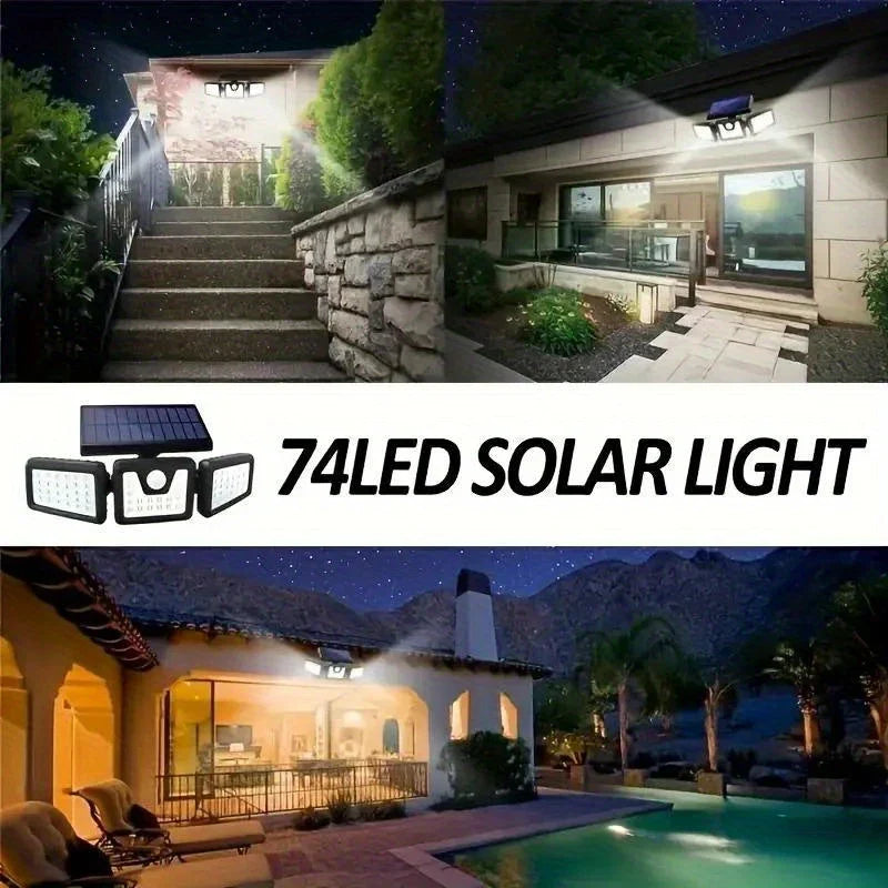 Solar LED-projektør med 3 lys, vejrbestandig, med bevægelsessensor, ideel til have, gårdsplads og garage, energibesparende