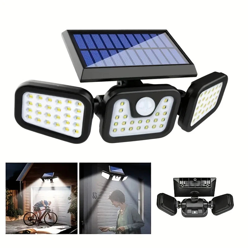 Solar LED-projektør med 3 lys, vejrbestandig, med bevægelsessensor, ideel til have, gårdsplads og garage, energibesparende