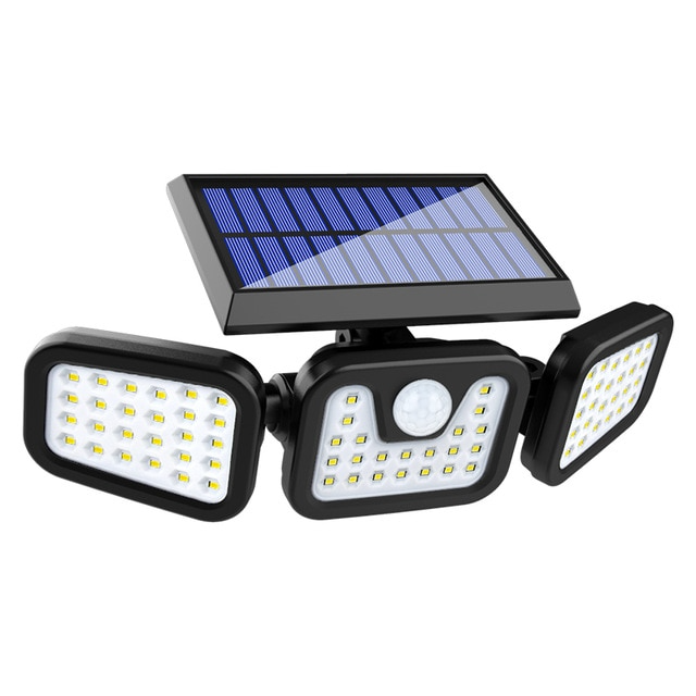 Solar LED-projektør med 3 lys, vejrbestandig, med bevægelsessensor, ideel til have, gårdsplads og garage, energibesparende