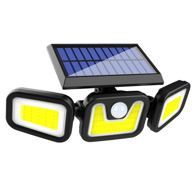 Solar LED-projektør med 3 lys, vejrbestandig, med bevægelsessensor, ideel til have, gårdsplads og garage, energibesparende