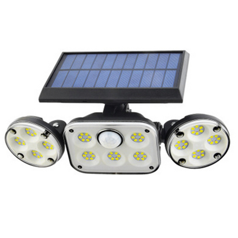 Solar LED-projektør med 3 lys, vejrbestandig, med bevægelsessensor, ideel til have, gårdsplads og garage, energibesparende