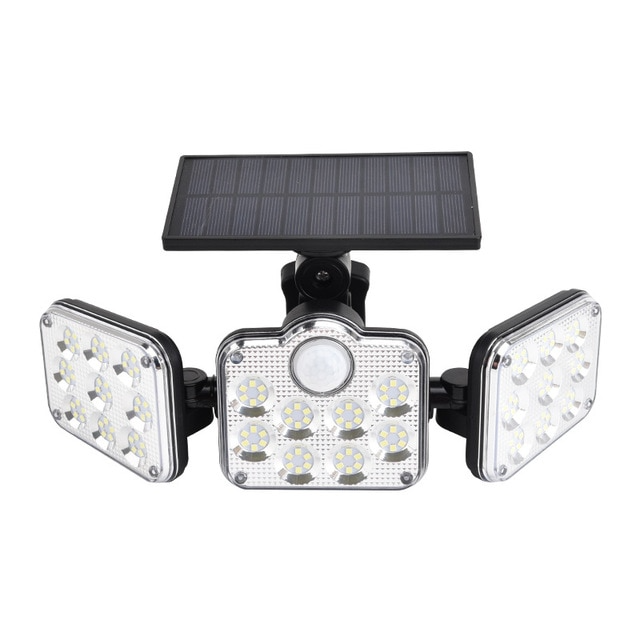 Solar LED-projektør med 3 lys, vejrbestandig, med bevægelsessensor, ideel til have, gårdsplads og garage, energibesparende