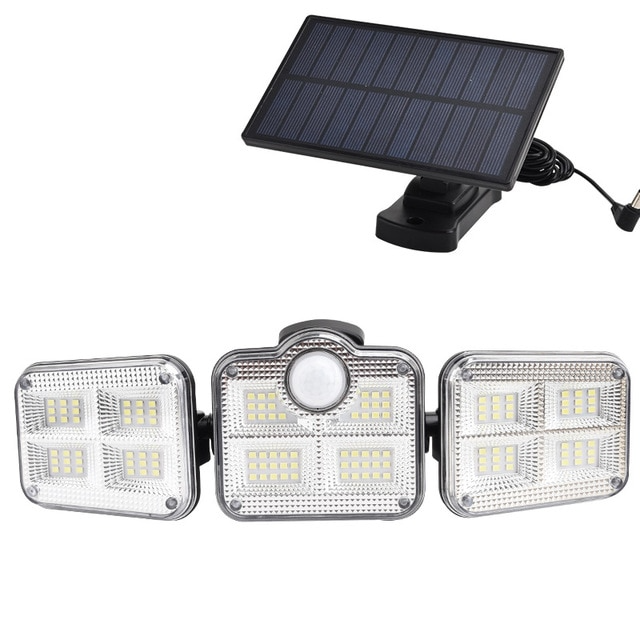 Solar LED-projektør med 3 lys, vejrbestandig, med bevægelsessensor, ideel til have, gårdsplads og garage, energibesparende
