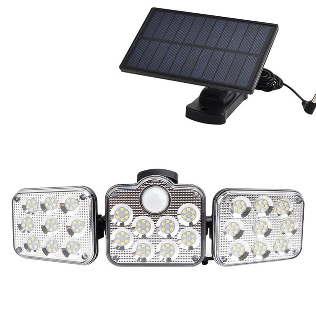 Solar LED-projektør med 3 lys, vejrbestandig, med bevægelsessensor, ideel til have, gårdsplads og garage, energibesparende
