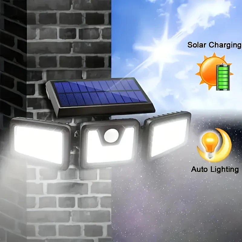 Solar LED-projektør med 3 lys, vejrbestandig, med bevægelsessensor, ideel til have, gårdsplads og garage, energibesparende