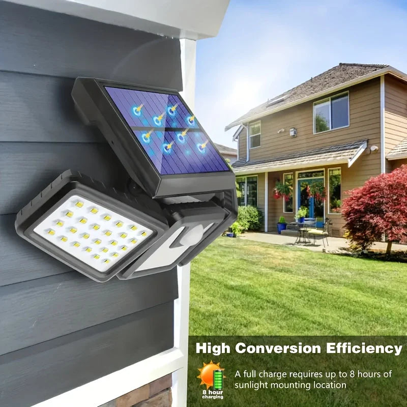 Solar LED-projektør med 3 lys, vejrbestandig, med bevægelsessensor, ideel til have, gårdsplads og garage, energibesparende
