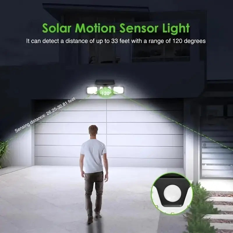 Solar LED-projektør med 3 lys, vejrbestandig, med bevægelsessensor, ideel til have, gårdsplads og garage, energibesparende