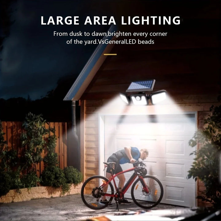 Solar LED-projektør med 3 lys, vejrbestandig, med bevægelsessensor, ideel til have, gårdsplads og garage, energibesparende