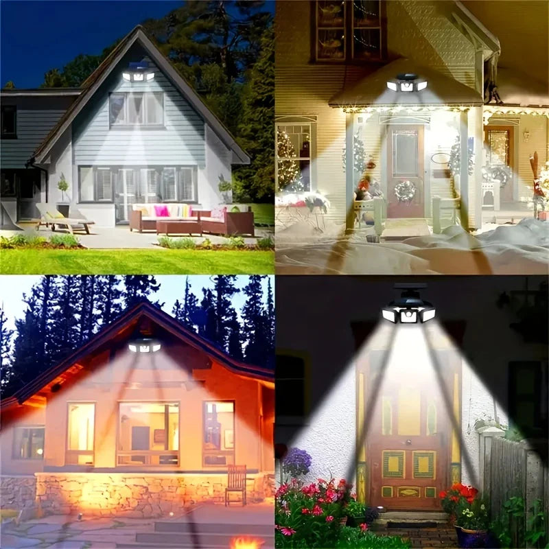 Solar LED-projektør med 3 lys, vejrbestandig, med bevægelsessensor, ideel til have, gårdsplads og garage, energibesparende