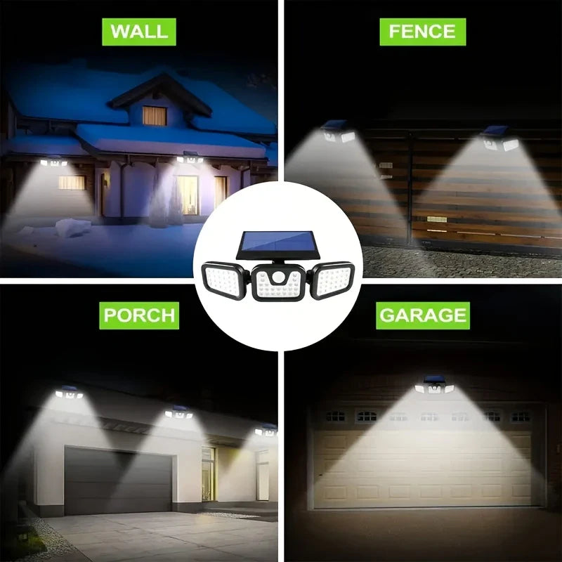 Solar LED-projektør med 3 lys, vejrbestandig, med bevægelsessensor, ideel til have, gårdsplads og garage, energibesparende