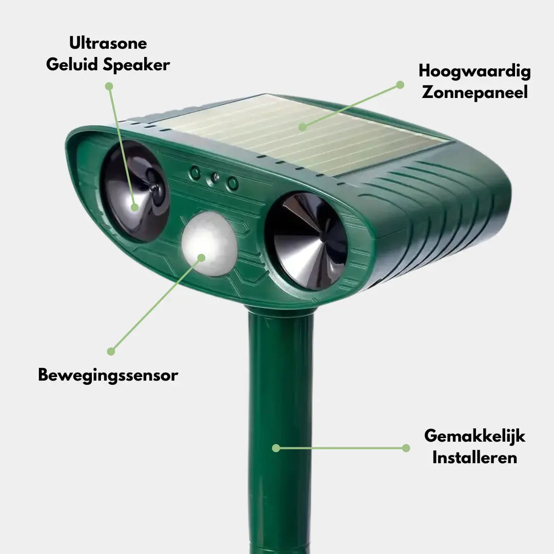 Solar dyreafskrækker med LED-blitz, vejrbestandig, bruger ultralyd til effektiv afskrækkelse af dyr i haven uden at skade dem.