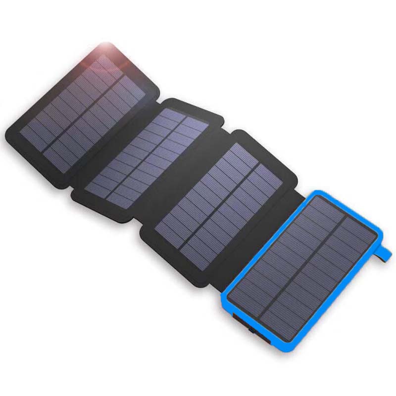Solcelledrevet powerbank 25000mAh med fire solpaneler, LED'er, robust design til udendørs eventyr og hurtig opladning.
