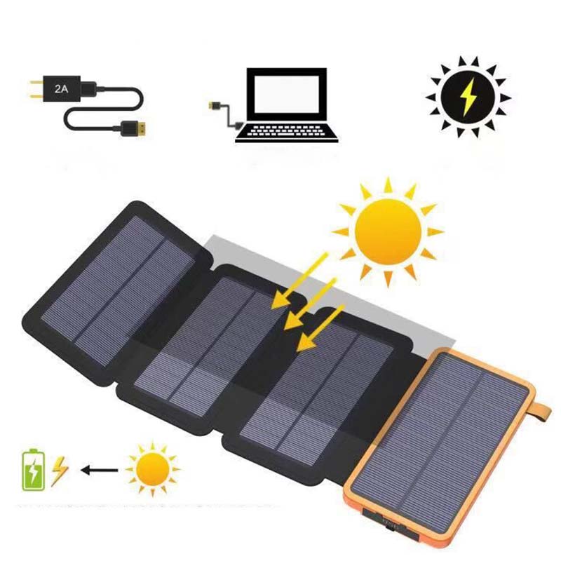 Solcelledrevet powerbank 25000mAh med fire solpaneler, LED'er, robust design til udendørs eventyr og hurtig opladning.