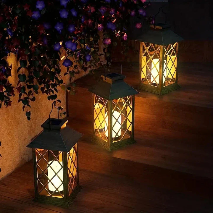 Solarlampe Noctis Have Lantern med flimrende LED-lys, varmt skær, vejrbestandig, ideel til havebelysning.